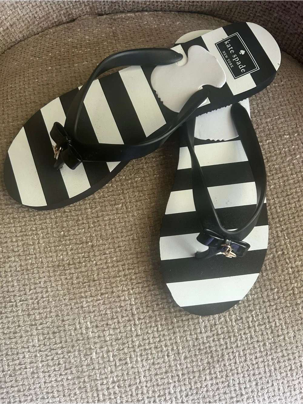 kate spade Black and White Striped Flip Flop Sandals with Bow
